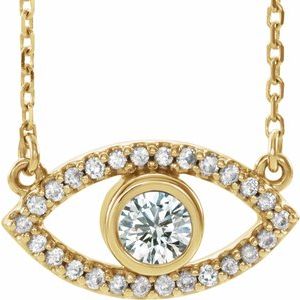 14K Yellow Gold Natural White Sapphire Evil Eye 18" Necklace