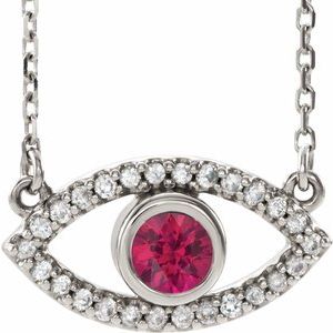 14K White Gold Natural Ruby & Natural White Sapphire Evil Eye 18" Necklace