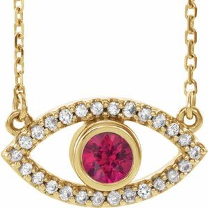 14K Yellow Gold Lab-Grown Ruby & Natural White Sapphire Evil Eye 16" Necklace