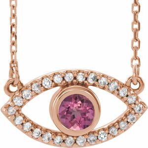 14K Rose Gold Natural Pink Tourmaline & Natural White Sapphire Evil Eye 16" Necklace