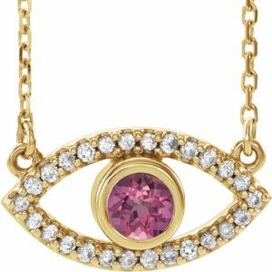 14K Yellow Gold Natural Pink Tourmaline & Natural White Sapphire Evil Eye 18" Necklace