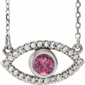 14K White Gold Natural Pink Tourmaline & Natural White Sapphire Evil Eye 16" Necklace