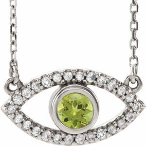 Sterling Silver Natural Peridot & Natural White Sapphire Evil Eye 18" Necklace