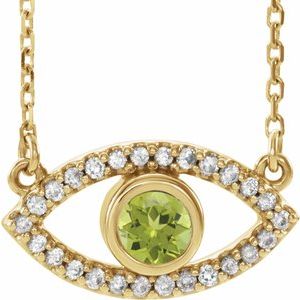14K Yellow Gold Natural Peridot & Natural White Sapphire Evil Eye 16" Necklace