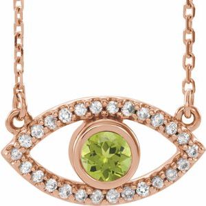 14K Rose Gold Natural Peridot & Natural White Sapphire Evil Eye 16" Necklace
