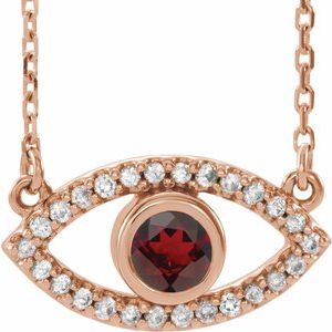 14K Rose Gold Natural Mozambique Garnet & Natural White Sapphire Evil Eye 16" Necklace