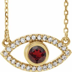 14K Yellow Gold Natural Mozambique Garnet & Natural White Sapphire Evil Eye 16" Necklace