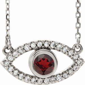 Sterling Silver Natural Mozambique Garnet & Natural White Sapphire Evil Eye 18" Necklace