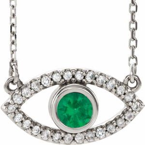 Sterling Silver Lab-Grown Emerald & Natural White Sapphire Evil Eye 18" Necklace