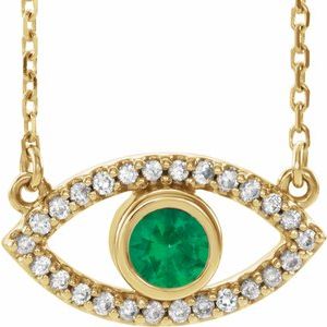 14K Yellow Gold Lab-Grown Emerald & Natural White Sapphire Evil Eye 18" Necklace