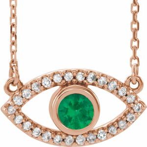 14K Rose Gold Natural Emerald & Natural White Sapphire Evil Eye 18" Necklace