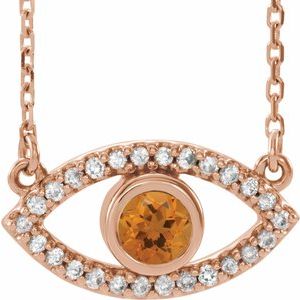 14K Rose Gold Natural Citrine & Natural White Sapphire Evil Eye 16" Necklace