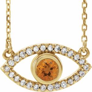 14K Yellow Gold Natural Citrine & Natural White Sapphire Evil Eye 18" Necklace