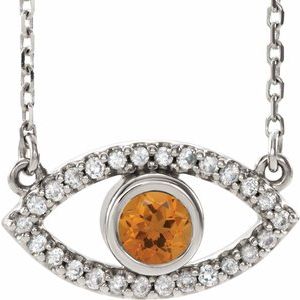 Sterling Silver Natural Citrine & Natural White Sapphire Evil Eye 16" Necklace
