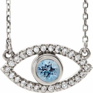 14K White Gold Natural Aquamarine & Natural White Sapphire Evil Eye 16" Necklace