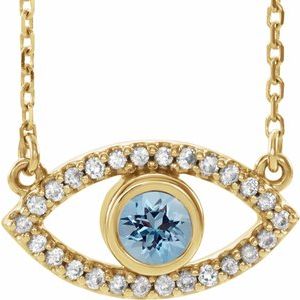14K Yellow Gold Natural Aquamarine & Natural White Sapphire Evil Eye 16" Necklace