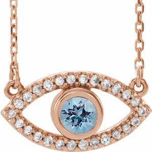 14K Rose Gold Natural Aquamarine & Natural White Sapphire Evil Eye 18" Necklace