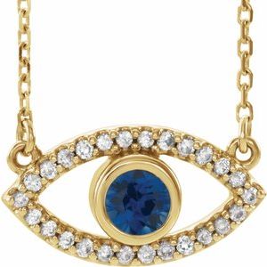 14K Yellow Gold Lab-Grown Blue Sapphire & Natural White Sapphire Evil Eye 16" Necklace