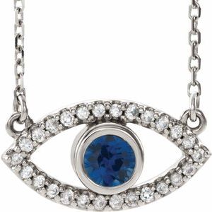 Sterling Silver Lab-Grown Blue Sapphire & Natural White Sapphire Evil Eye 16" Necklace
