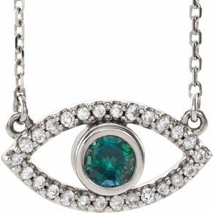 Sterling Silver Natural Alexandrite & Natural White Sapphire Evil Eye 16" Necklace
