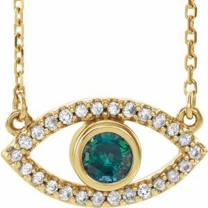 14K Yellow Gold Lab-Grown Alexandrite & Natural White Sapphire Evil Eye 18" Necklace