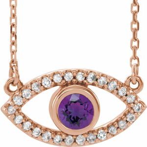 14K Rose Gold Natural Amethyst & Natural White Sapphire Evil Eye 16" Necklace