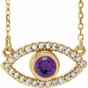 14K Yellow Gold Natural Amethyst & Natural White Sapphire Evil Eye 16" Necklace