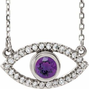 14K White Gold Natural Amethyst & Natural White Sapphire Evil Eye 16" Necklace