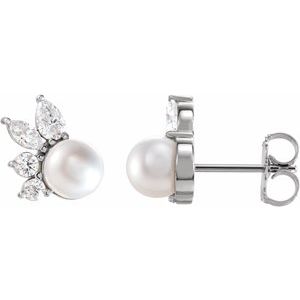 14K White Cultured White Akoya Pearl & 1/2 CTW Natural Diamond Earrings