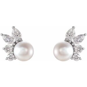 14K White Cultured White Akoya Pearl & 1/2 CTW Natural Diamond Earrings