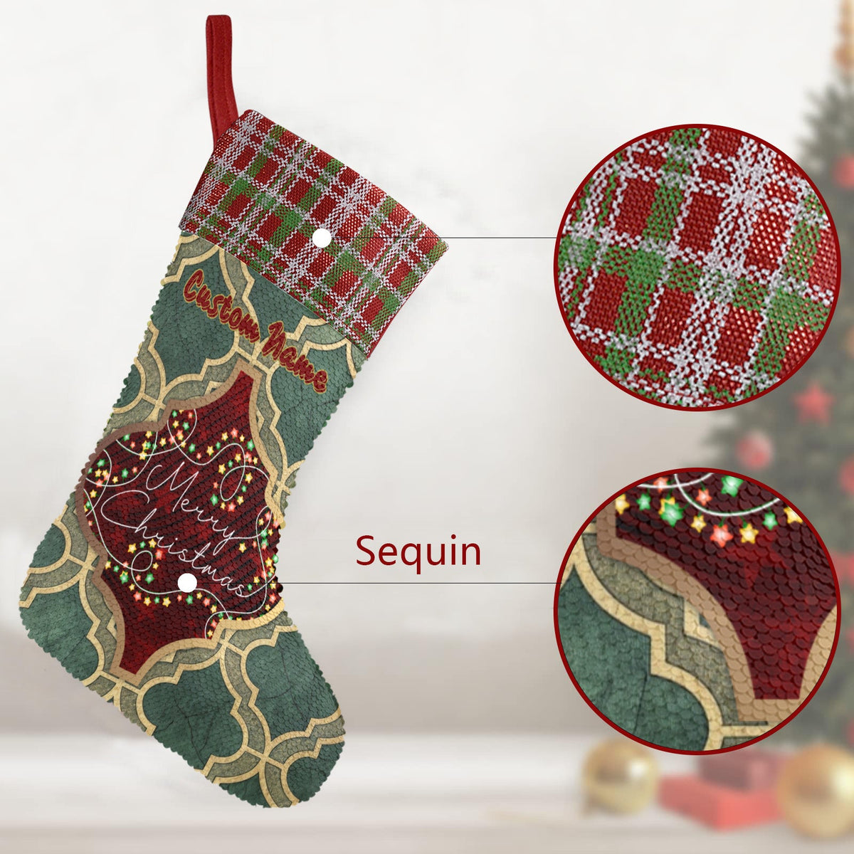 Merry Christmas Arabasque Tile Sequin Christmas Stocking (Made in USA)