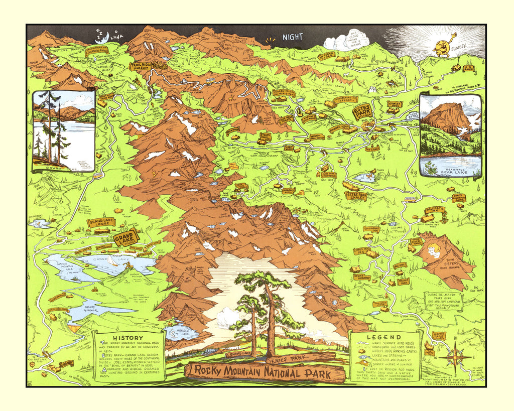 Vintage Map of Rocky Mountain National Park, Estes Park & Grand Lake 1948