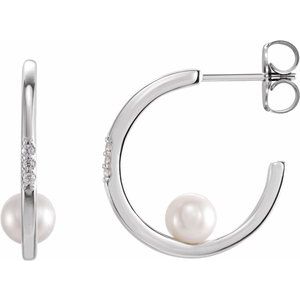 Platinum Cultured White Freshwater Pearl & .025 CTW Natural Diamond Hoop Earrings