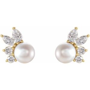 14K Yellow Gold Cultured White Akoya Pearl & 1/2 CTW Natural Diamond Earrings