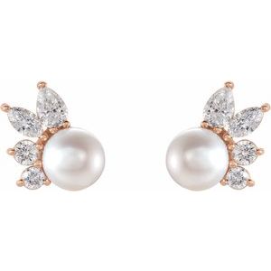 14K Rose Gold Cultured White Akoya Pearl & 1/2 CTW Natural Diamond Earrings
