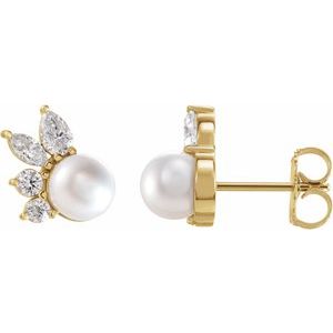 14K Yellow Gold Cultured White Akoya Pearl & 1/2 CTW Natural Diamond Earrings