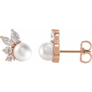 14K Rose Gold Cultured White Akoya Pearl & 1/2 CTW Natural Diamond Earrings