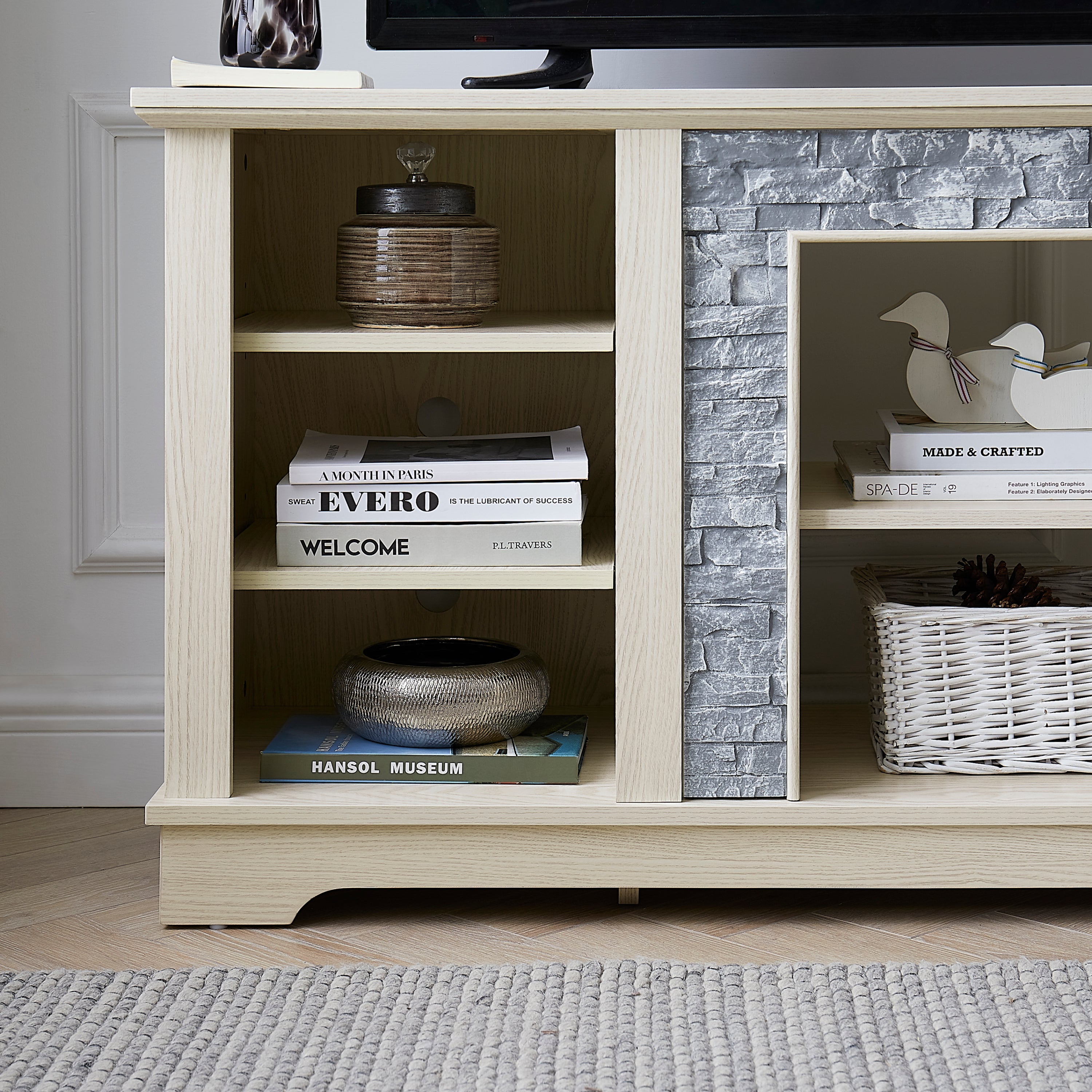 Mantel Stone TV Media Stand with with Faux Stacked Stone Surround, Modern Entertainment Console with Open Storage Space,WHITE, 58.31'W*15.39'D*26.06'H