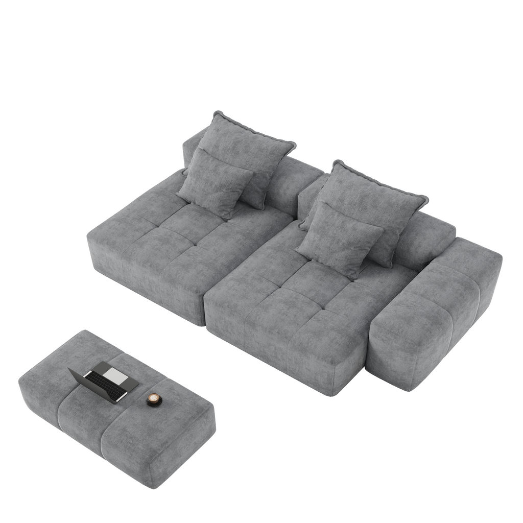 Modern Oversized Modular Sectional Sofa with 2 Chaise Lounge and 2 Armrest, Sparkling Chenille Fabric Soft Cushion Sofa with 4 Pillows, 4 PCS DIY Combination Tufted Sofa, No Assembly Required, GREY