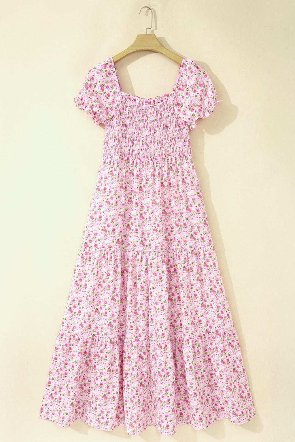 Floral Bubble Sleeve Shirred Waist Maxi Dress