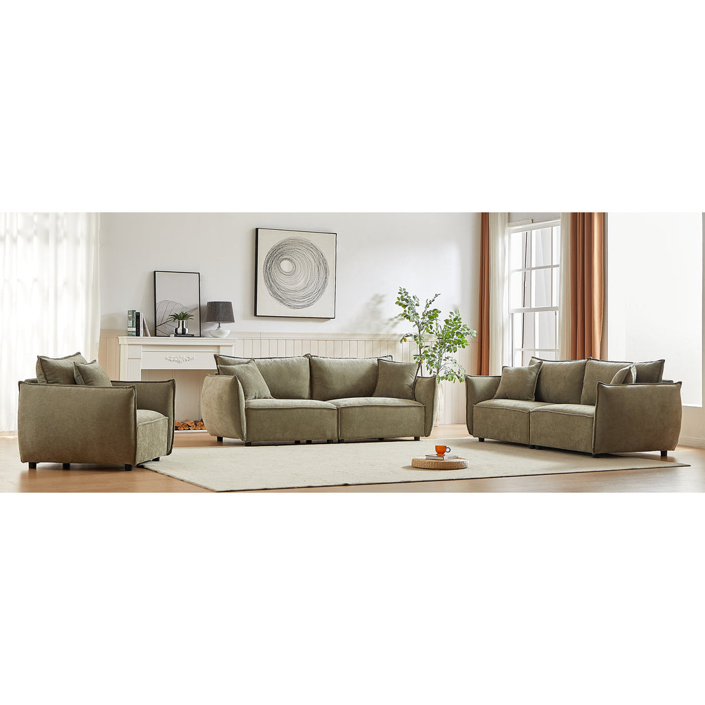 3-Seater + 3-Seater + 1-Seater Combo Sofa Modern Living Room Sofa, Linen Fabric Sofa, Wooden Frame with 5 Pillows, Apartment Sofa Furniture