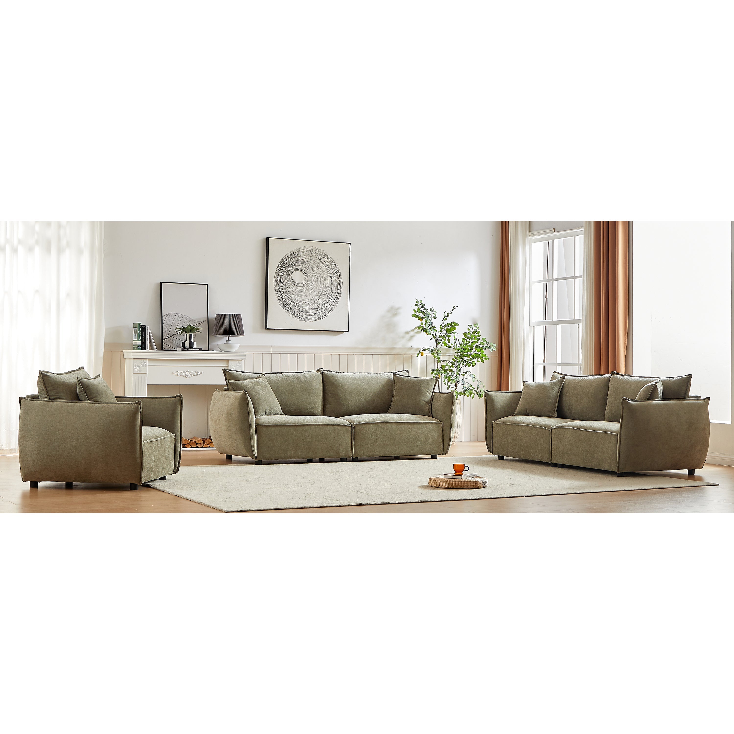 3-Seater + 3-Seater + 1-Seater Combo Sofa Modern Living Room Sofa, Linen Fabric Sofa, Wooden Frame with 5 Pillows, Apartment Sofa Furniture