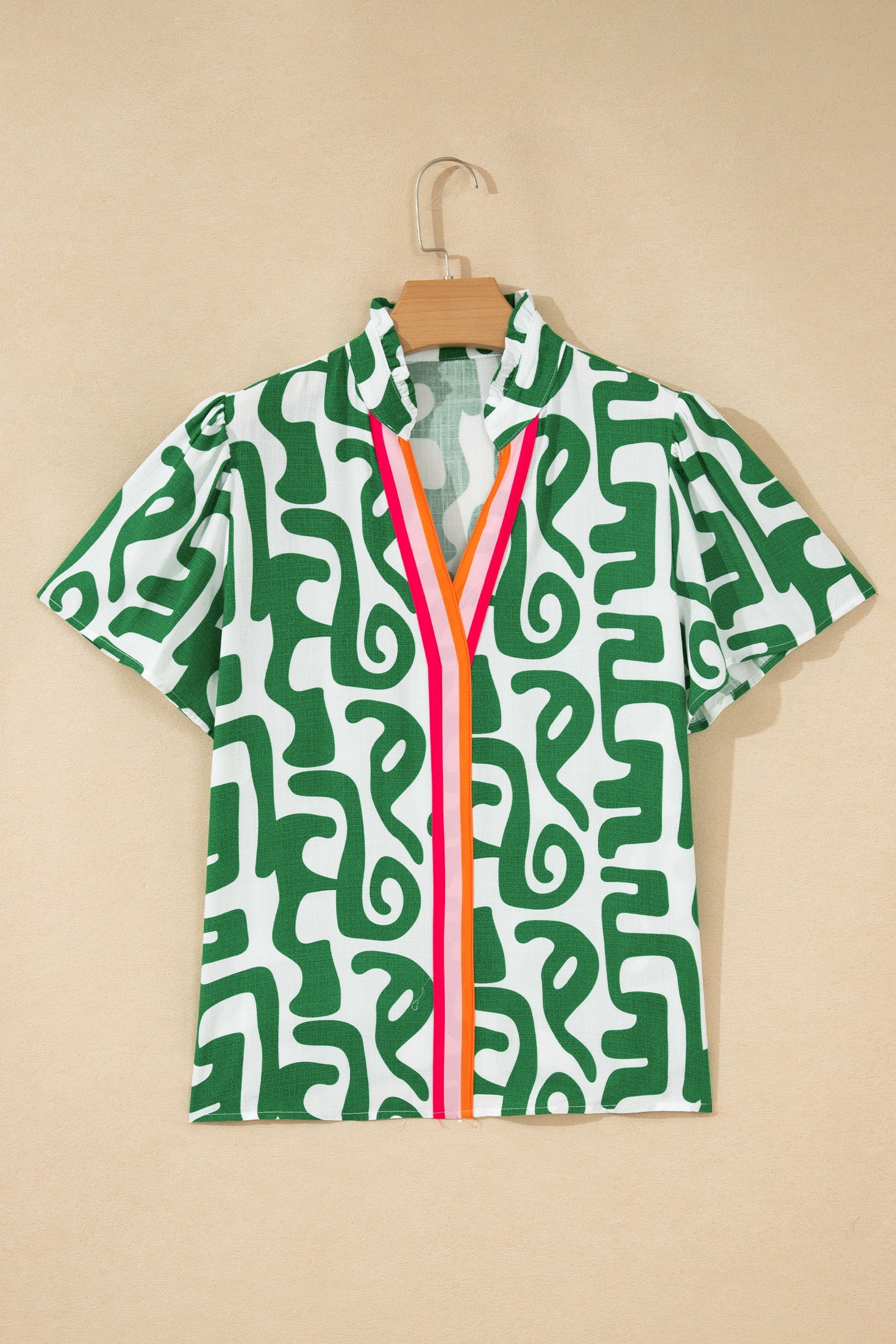 Abstract Stripe Trim V-Neck Short Sleeve Blouse