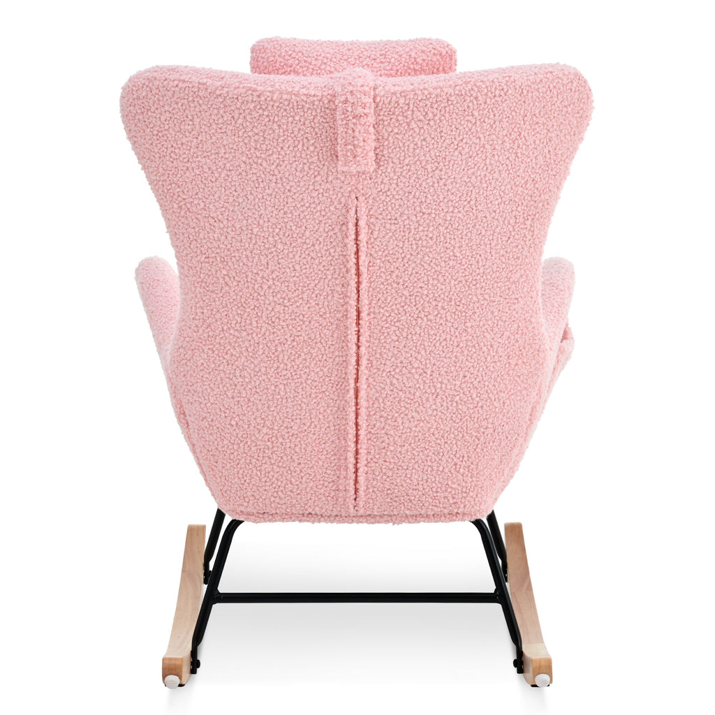 Rocking Chair Nursery, Teddy Upholstered Rocker Glider Chair with High Backrest, Adjustable Headrest & Pocket, Comfy Glider Chair for Nursery, Bedroom, Living Room, Offices, Rubber wood, pink