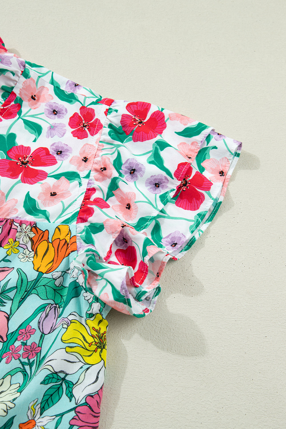 Floral Flutter Sleeve Split Neck Buttoned Blouse