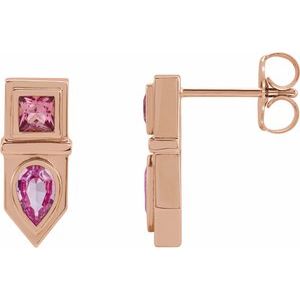 14K Rose Gold Natural Pink Multi-Gemstone Geometric Bar Earrings