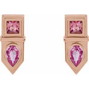 14K Rose Gold Natural Pink Multi-Gemstone Geometric Bar Earrings – image 2