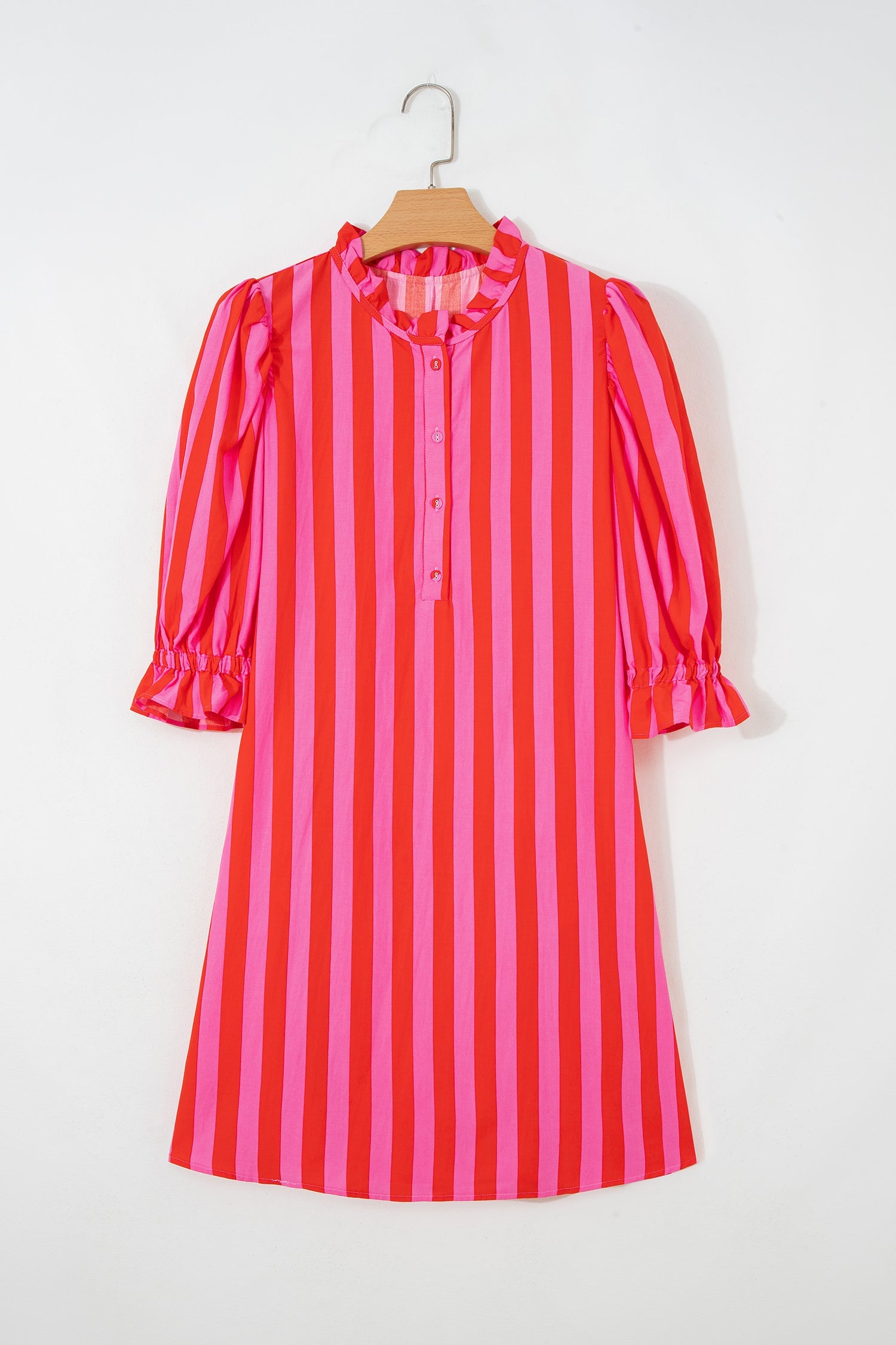 Stripe Half-Button Puff Sleeve Mini Dress