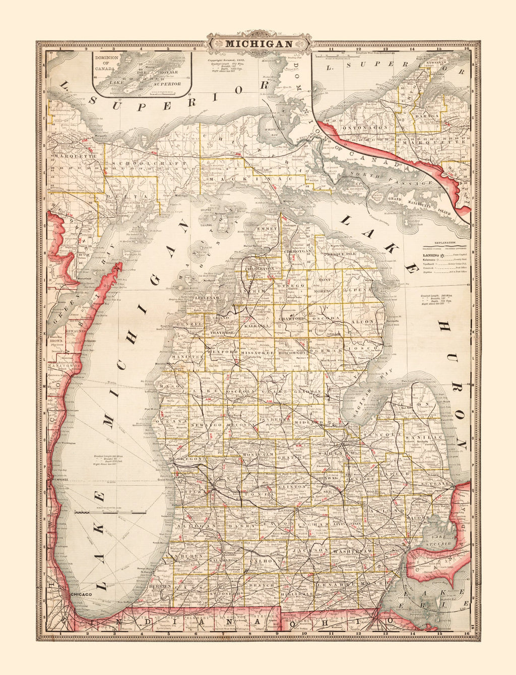 Vintage Map of Michigan 1882