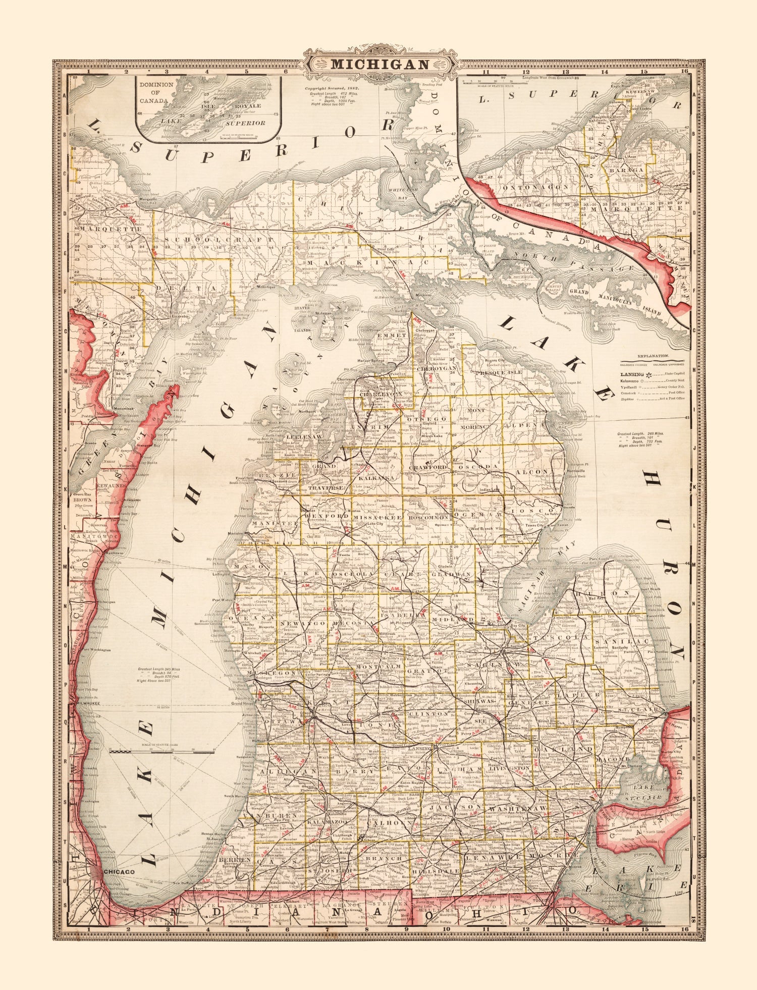 Vintage Map of Michigan 1882